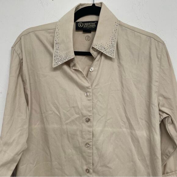 Christine Alexander Tan 3/4 Sleeve Button Up Blouse Bedazzled Womens M Bling - Picture 3 of 10